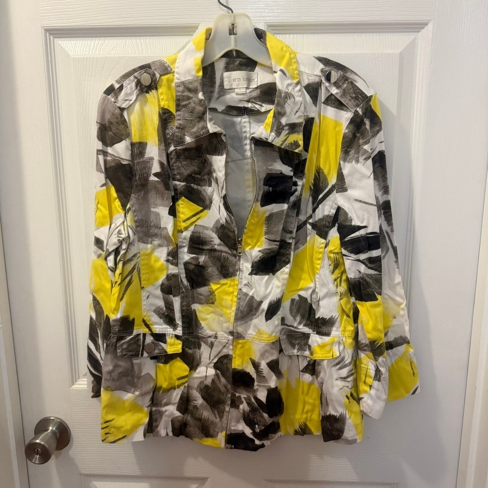 Erin London Women's Large Artsy Abstract Jacket Blazer Yellow Grey‎ Zip Front